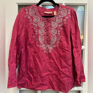 Kate Hill Pink Fuchsia Sequin Linen V-Neck Embroidered Blouse Size  Large Petite